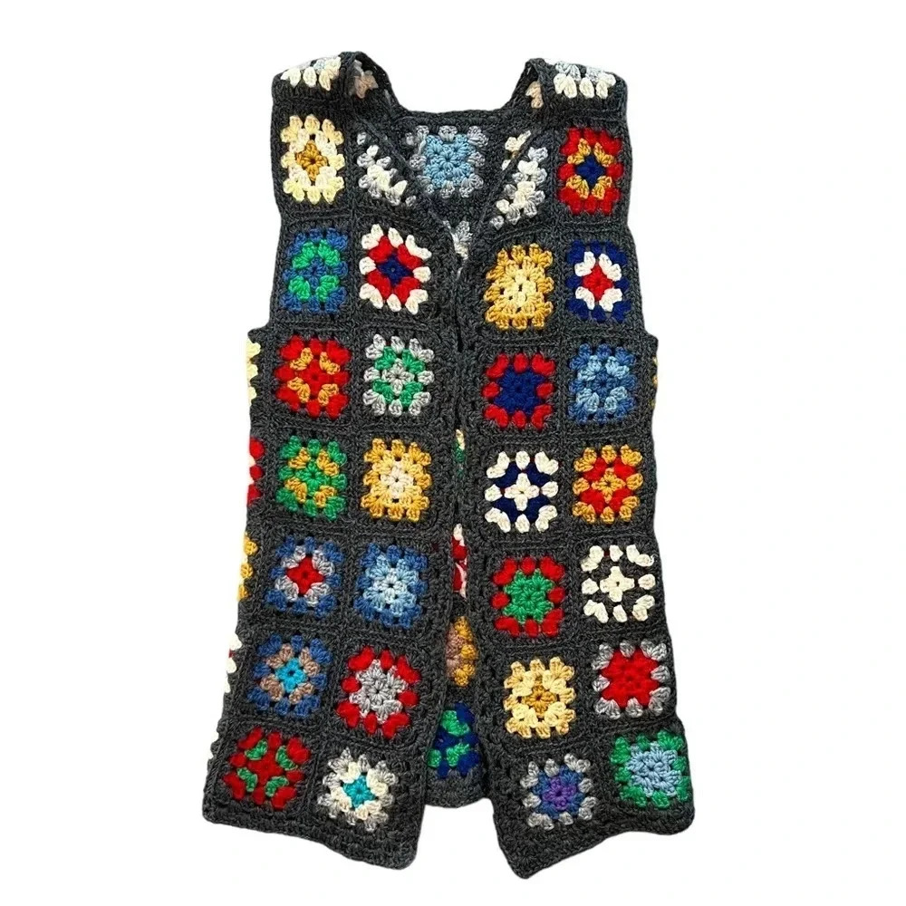 Vintage Handmade Granny Square Knit Vest Longline XS/S Open front